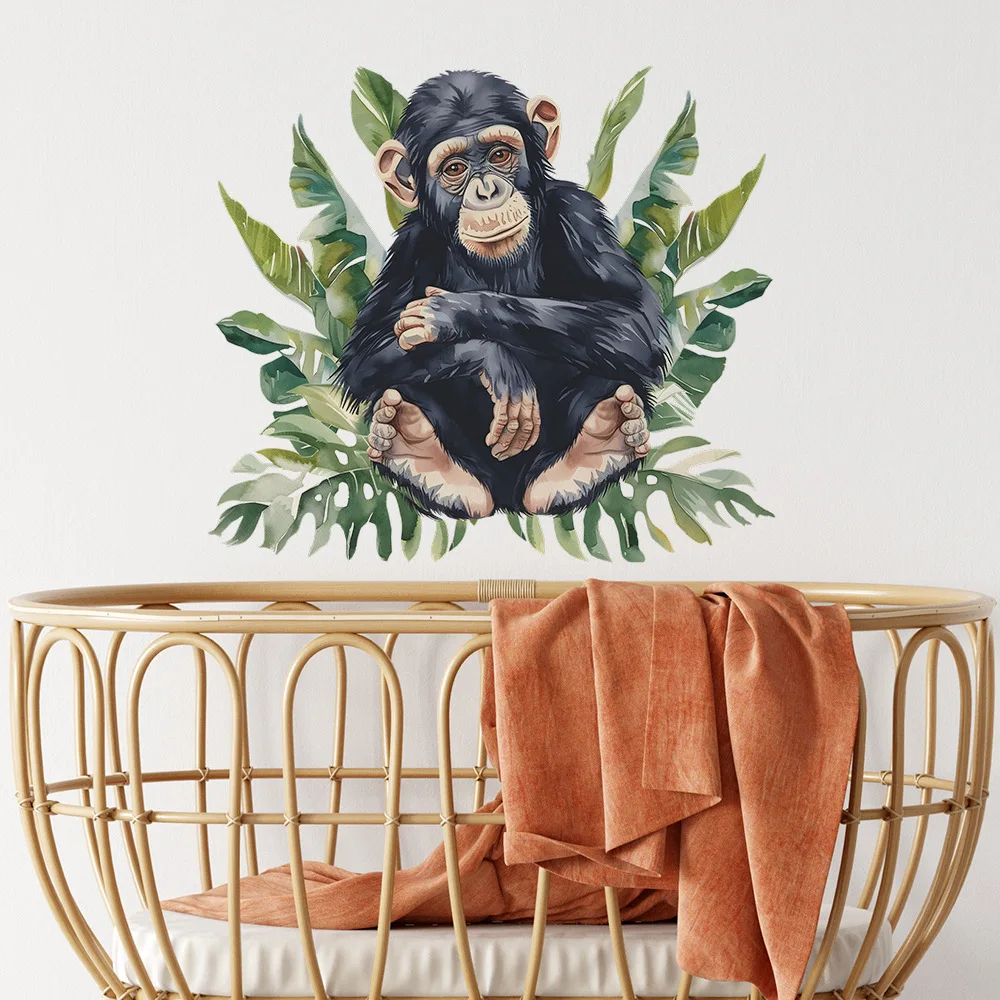 1PCS Cartoon Chimpanzee Green Plant Children's Bedroom Kindergarten Wall Background Beautification Wall Sticker PVC Material