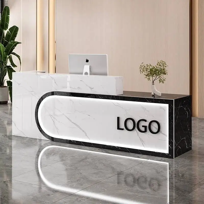 تصميم مكاتب الاستقبال للتخزين باللون الأسود، مكاتب استقبال صغيرة وحديثة فاخرة، أثاث استقبال من الخشب ذو الزاوية البيضاء