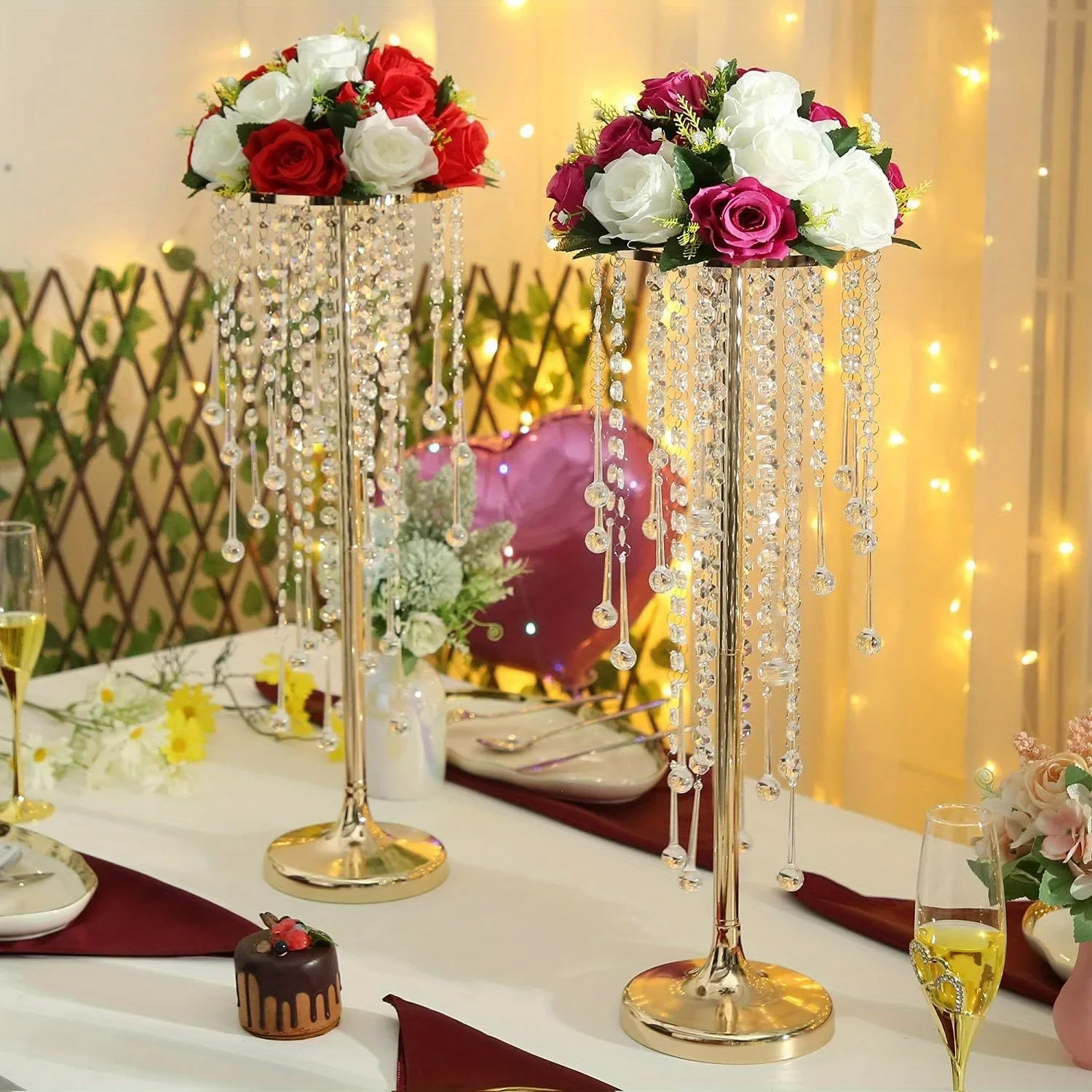 حامل تشكيلة زهور كريستالية، حامل شموع طريق من الرصاص الذهبي، لزينة حفلات الزفاف وأعياد الميلاد المنزلية #3