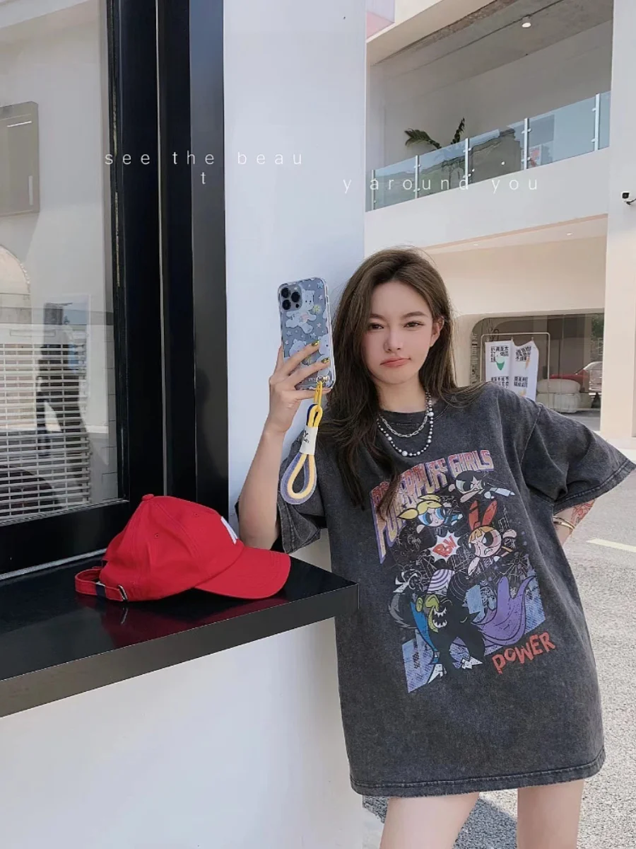 Cseta Retro da de Tamanho ande com Estampa de Desenho Animado, Manga Curta, Estilo Solto para Mulheres, Tendência de...