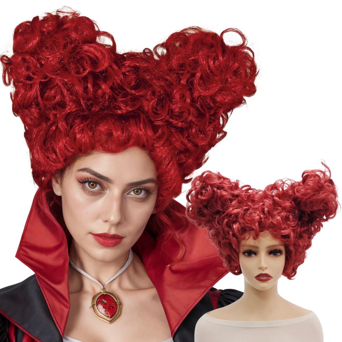 Red Queen Inspired Red Curly Double Bun Wig, Synthetic Hairpiece for Alice in Wonderland Cosplay, Halloween and Costume Parties