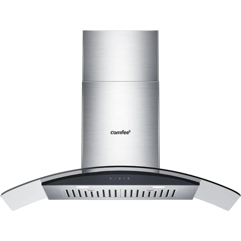 Curved Glass Range Hood,36 Inch,450 CFM ,3 Speed ,Gesture Sensing &Touch Control Panel ,Convertible ,Baffle Filters，2 LED Lights