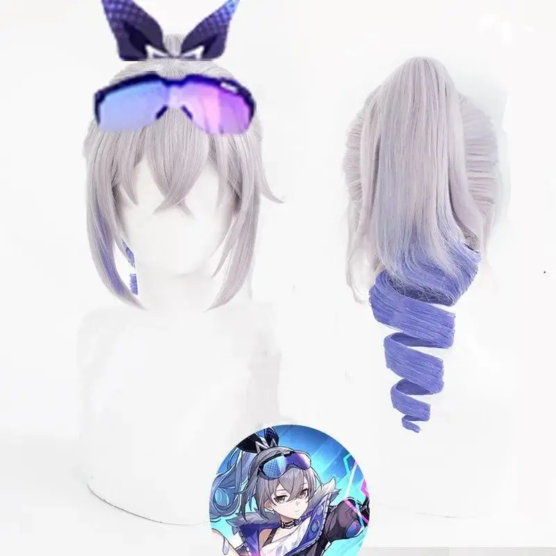 Silver Wolf Anime Game Cosplay Wig, Silver Gray to Purple Ombre with Bangs and Detachable Clip-On Curly Ponytail