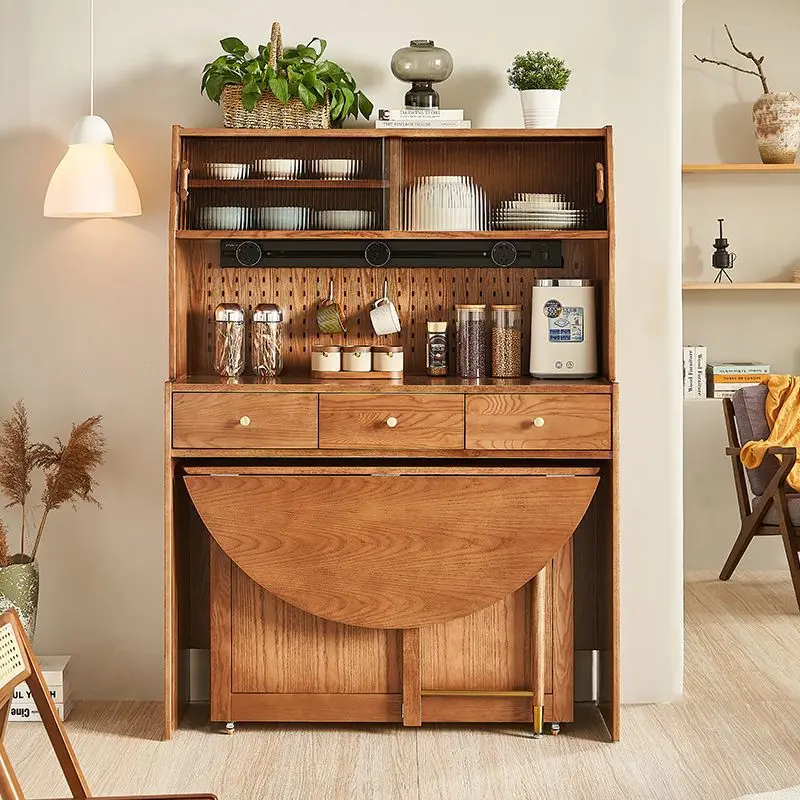 Foldable table integrated cabinet Nordic solid wood dining side cabinet  kitchen combination high cabinet cupboard