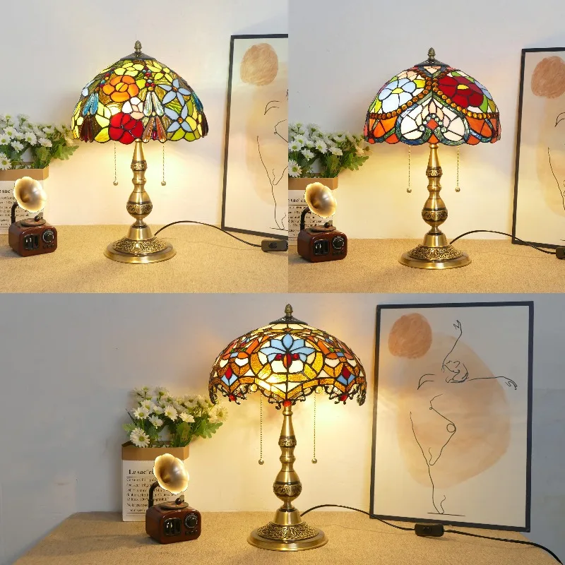 

12-Inch wide stained glass lampshade, all-copper base, living room, bedroom, bedside study, living room decorative desk lamp