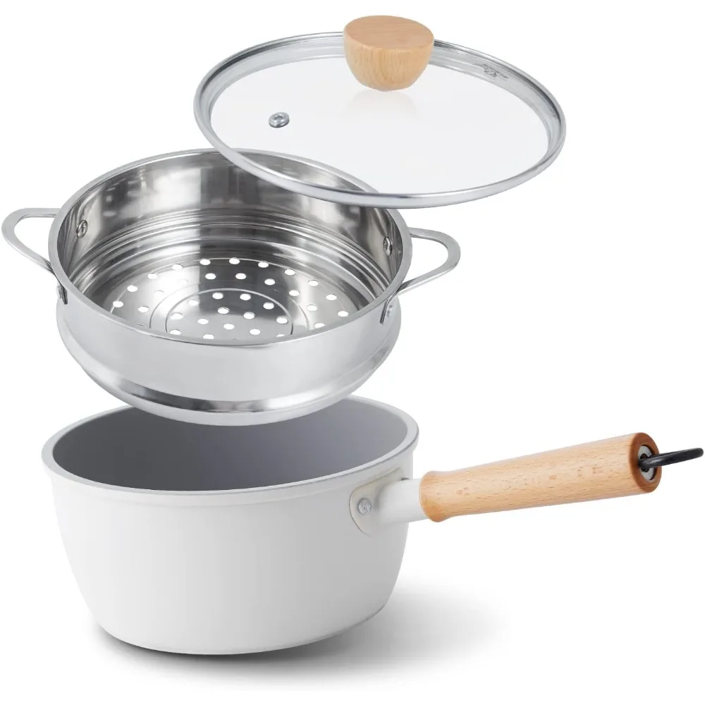 

Ceramic Nonstick Sauce Pan, 3 QT Pot with Steamer, Non Toxic & PFAS-Free, Wooden Handle for Cool Touch, Universal Base