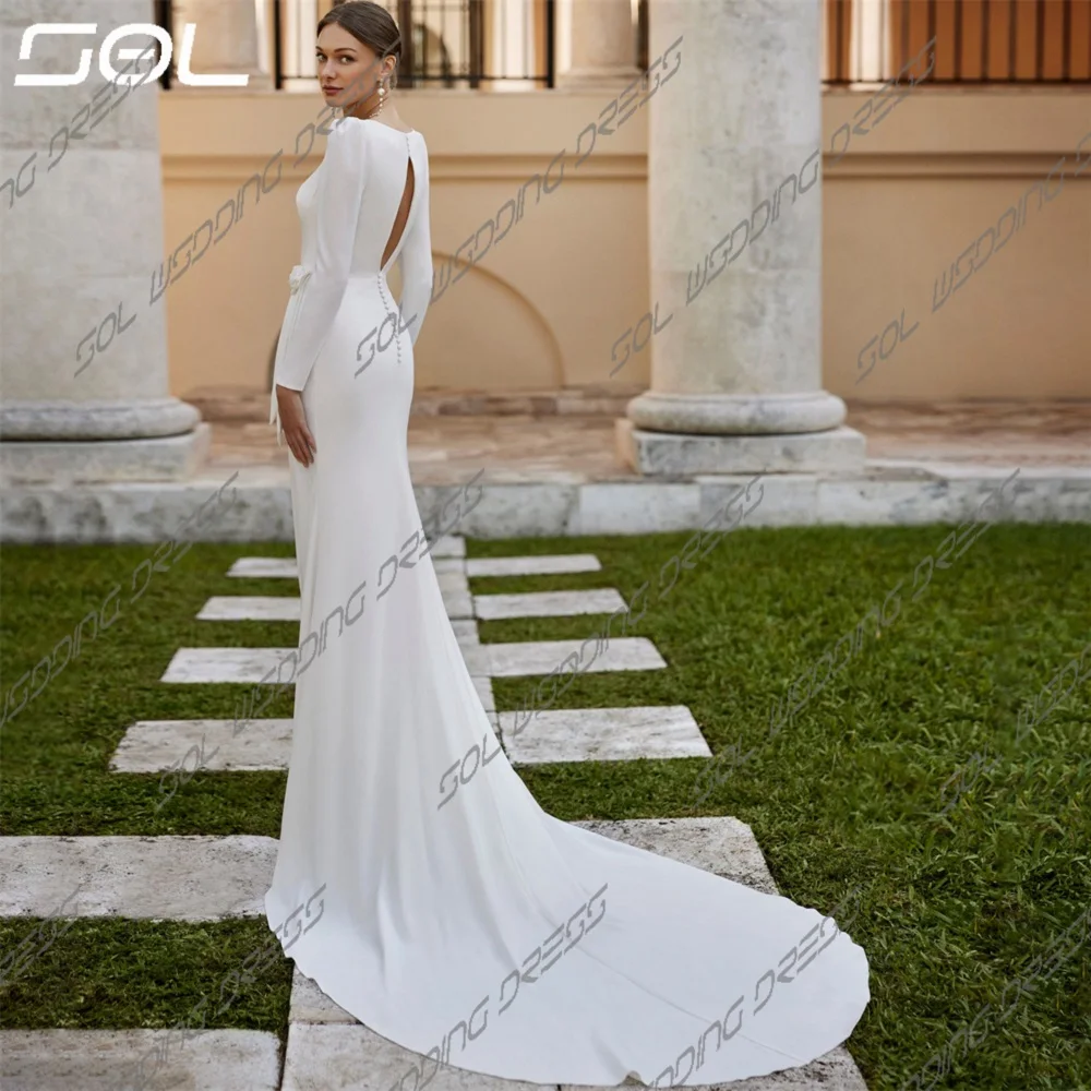 SOL semplice maniche lunghe colletto quadrato spacco laterale abito da sposa in raso BOHO pieghe Backless sirena abiti da sposa Sexy su misura