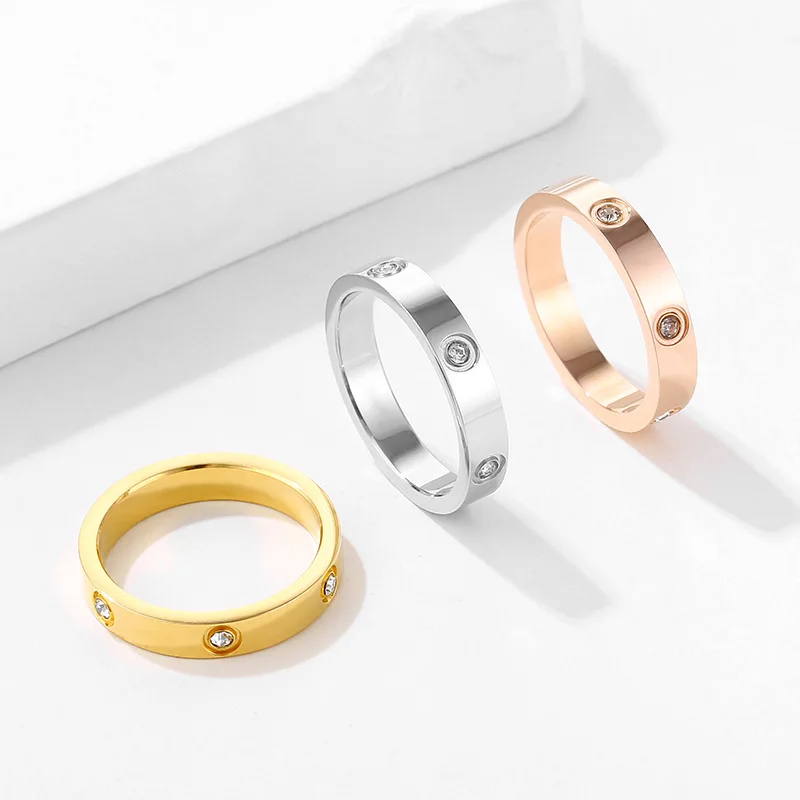 2023 Trendy Stainless Steel Rose Gold Color Love Ring for Women Men Couple CZ Crystal Rings Luxury Brand Jewelry Wedding Gift