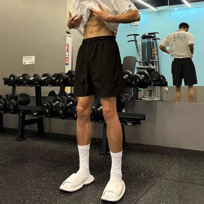 Tension Style Solid Color Shorts Men Summer American Fitness Sports Simple Running Casual Quarter Pants
