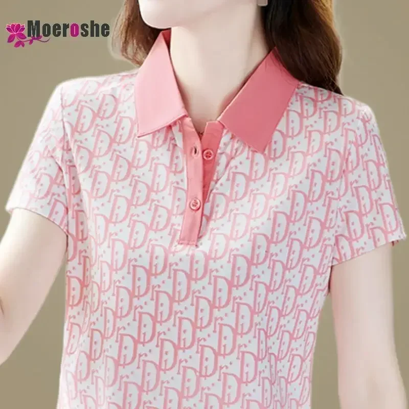 Moeroshe Printing for women Summer T-shirts pulovers Golf Clothes Short Sleeve polo Tees aesthetic clothes Stand collar printing