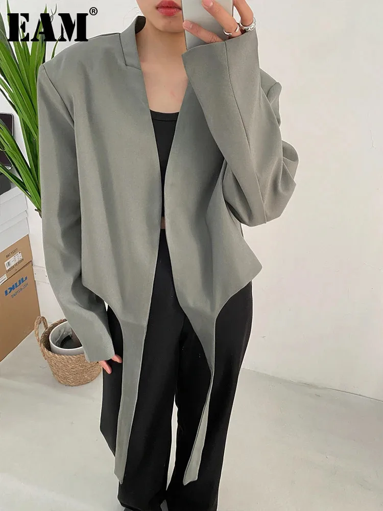 [EAM]  Women Gray Green Ribbon Short Big Size Blazer New Lapel Long Sleeve Loose Jacket Fashion Tide Spring Autumn 2024 1DF0385