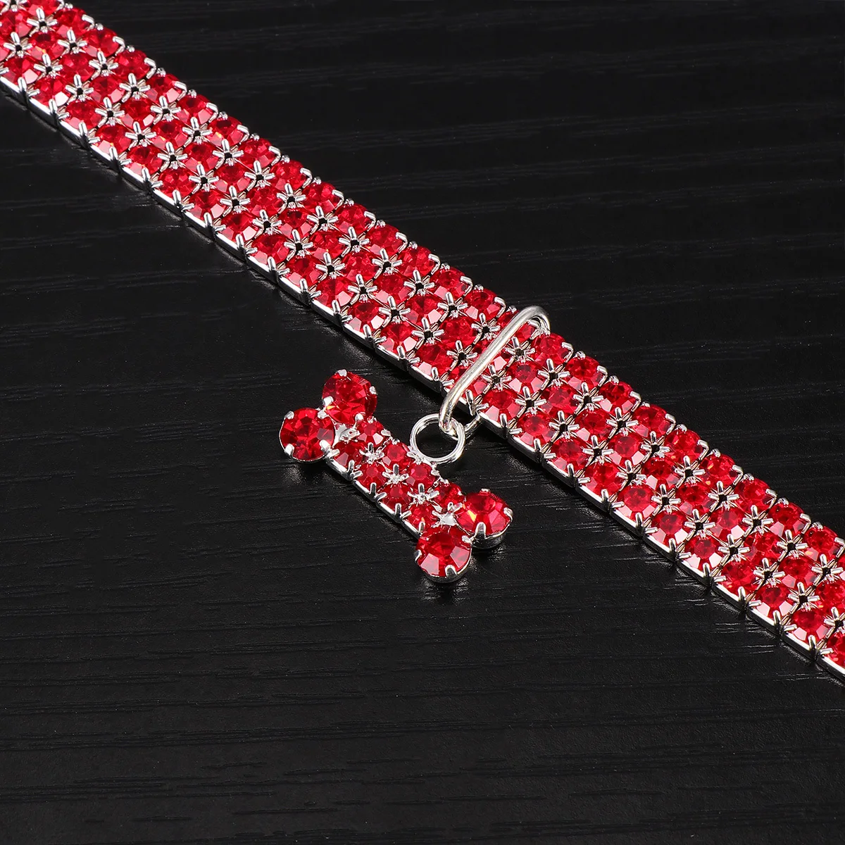 

Luxury Red Size S Rhinestone Pet Collar Mini Bone Pendant Adjustable Buckle Chain Stylish Dog Crystal Necklace