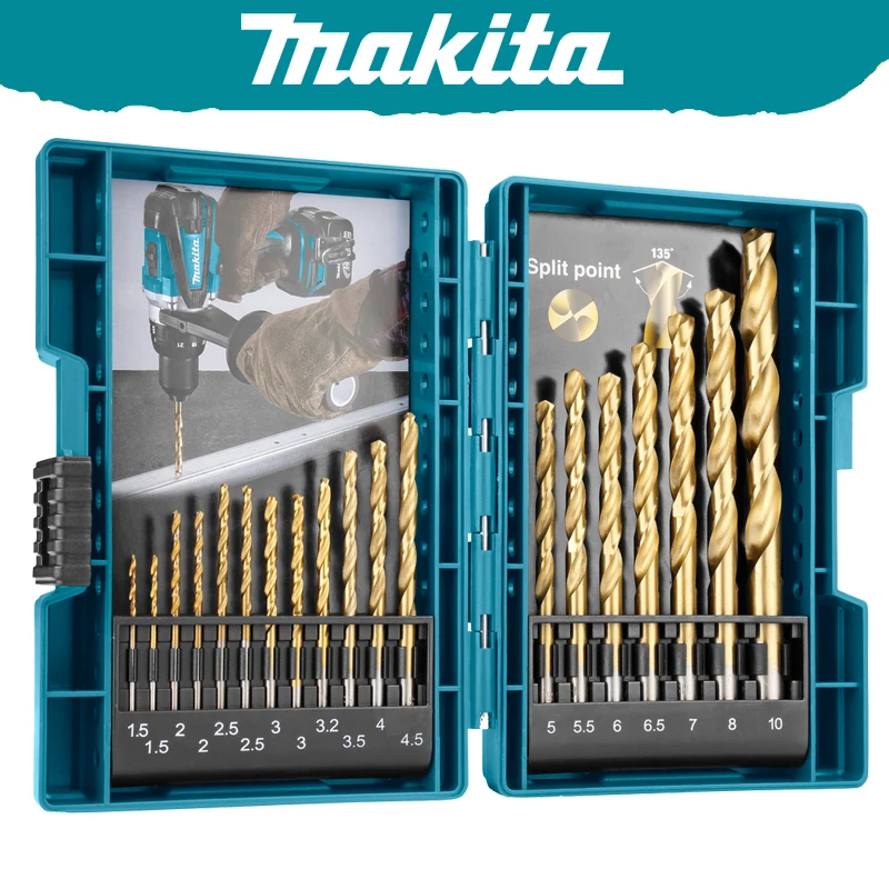 Makita D-67527 HSS TIN Metal Drill Bit Set 19 Piece Straight Shank Twist Drill Drivers Electric Tools Drill Bits Attachments