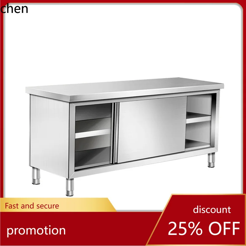 HT Extra Thick Stainless Steel Sliding Door Workbench Kitchen Countertop Cutting Board Vegetable Cutting Table Storage Cabinet