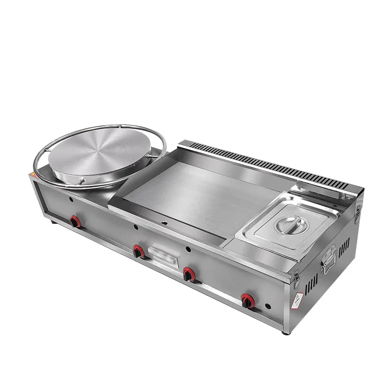 팬케이크 찐로 깊은 프라이팬 통합 상업용 스톨 가스 회전 팬케이크는 파삭 파삭 한 튀김 기계로 압연되었습니다.