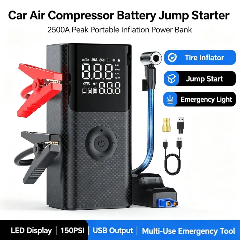 Car Air Compressor Battery Jump Starter 2500A Peak Portable Inflation Power Bank Emergency LED Light Multifunction Device