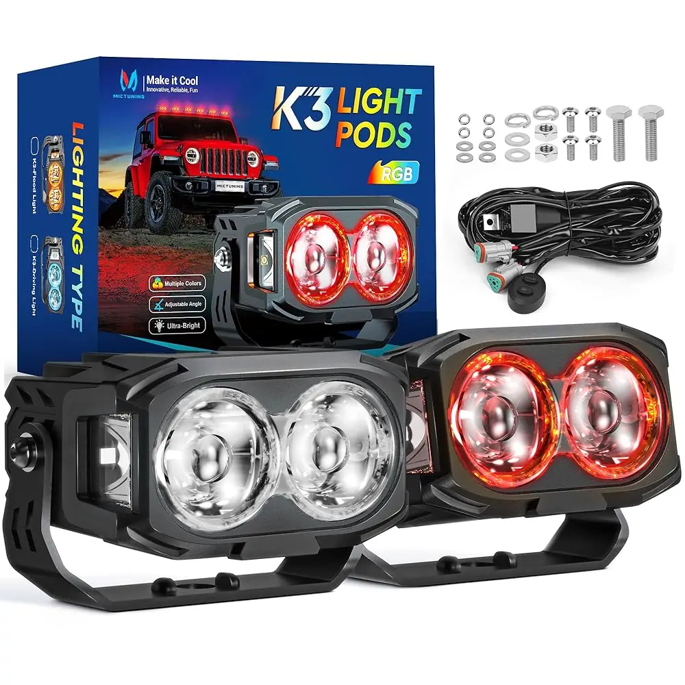 MICTUNING K3 LED Light Pods,4-Inch Offroad Driving Work Light,RGB 7 Colors Spot Beam, White Square Cube Auxiliary Lamp for Car