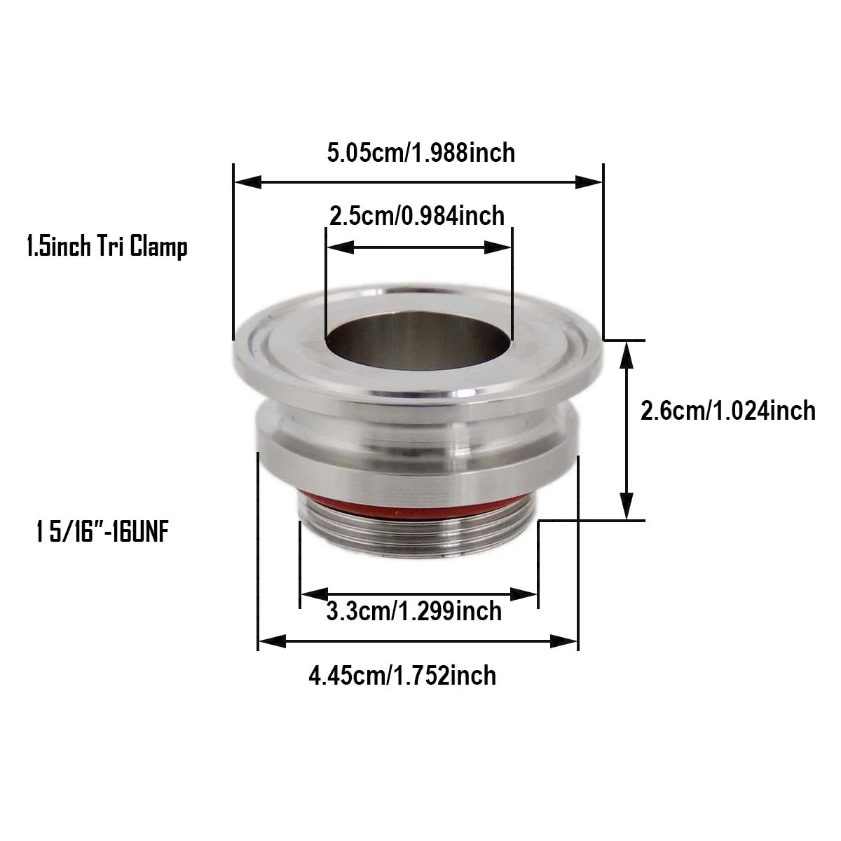 Mini Beer Keg to 1.5Inch Tri Clamp Convert Adapter Stainless Steel 304 50.5mm OD 1 5/16-16UN Thread Food Grade Silicone O-ring