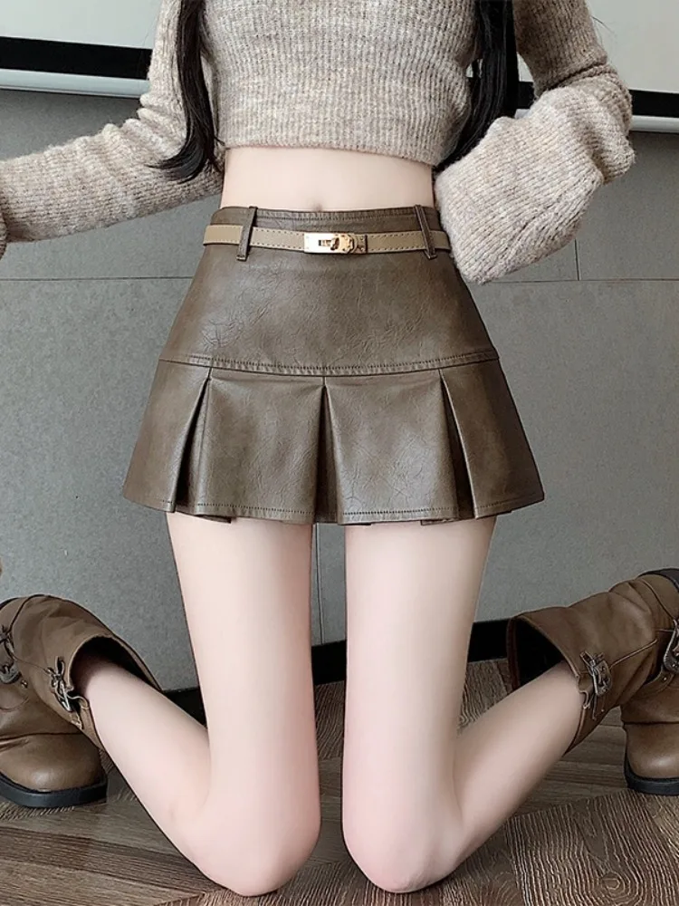 Retro Spódnica z Ekoskóry PU z Wysokim Stanem w Kształcie Litery A Damska Jesienno-Zimowa Spódnica Sexy Girl Antyprześwitująca Spódnica Ołówkowa Ci Walk
