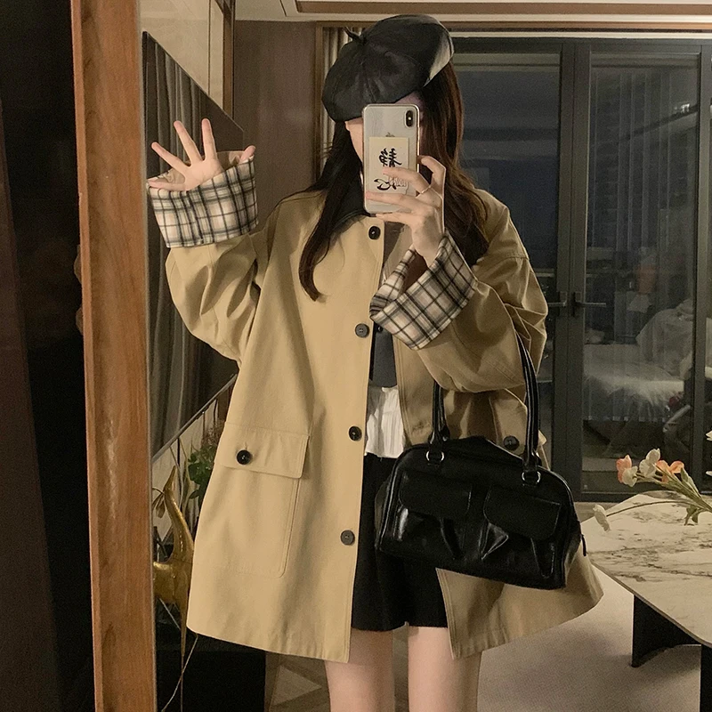 

Loose Midi Length Plaid Splicing Color Blo Autumn Coat Women's Polyester Fiber Casual Sli A-Line Jaet