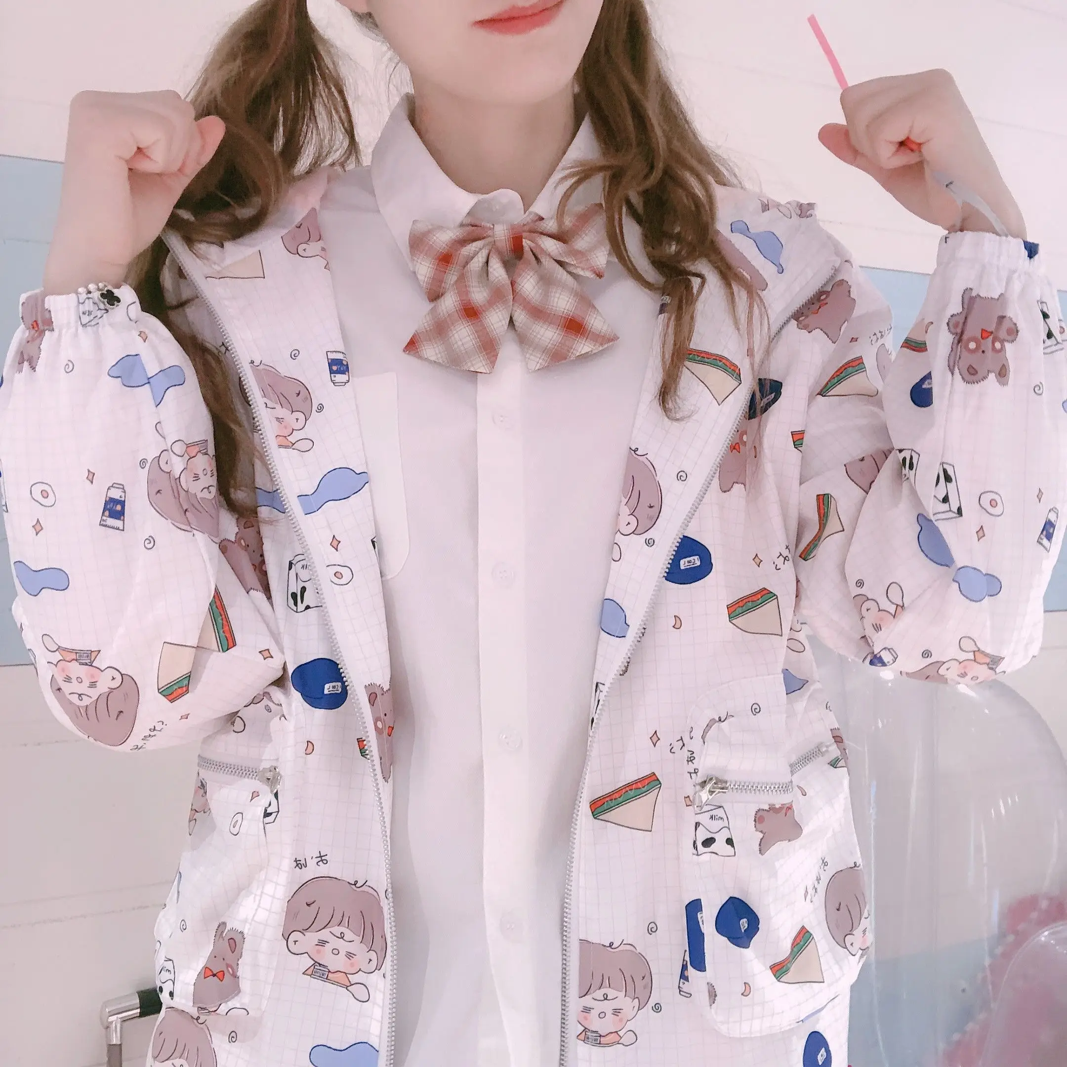 Cute Cartoon Print Women's Jacket Zipper Collar Loose Fit Korean Style Casual Fashion Outerwear Long Sleeve Youth Apparel