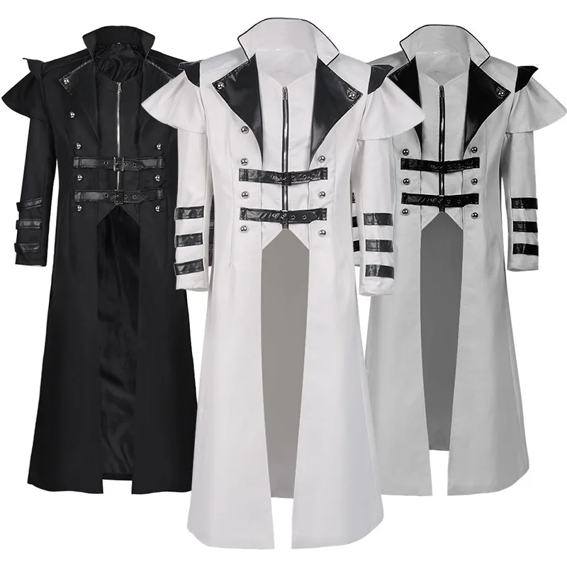 Men's Gothic Steampunk Long Coat Black Double Belted Ruffle Shoulder Cosplay Costume For Halloween Party Performance Jacket