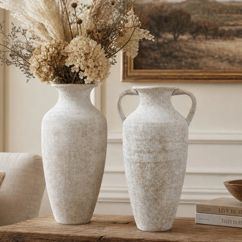French Country Faux Terracotta Metal Vase, Vintage Rustic Pottery Flower, Dry Flowers Planter for Living Room Desktop Home Decor