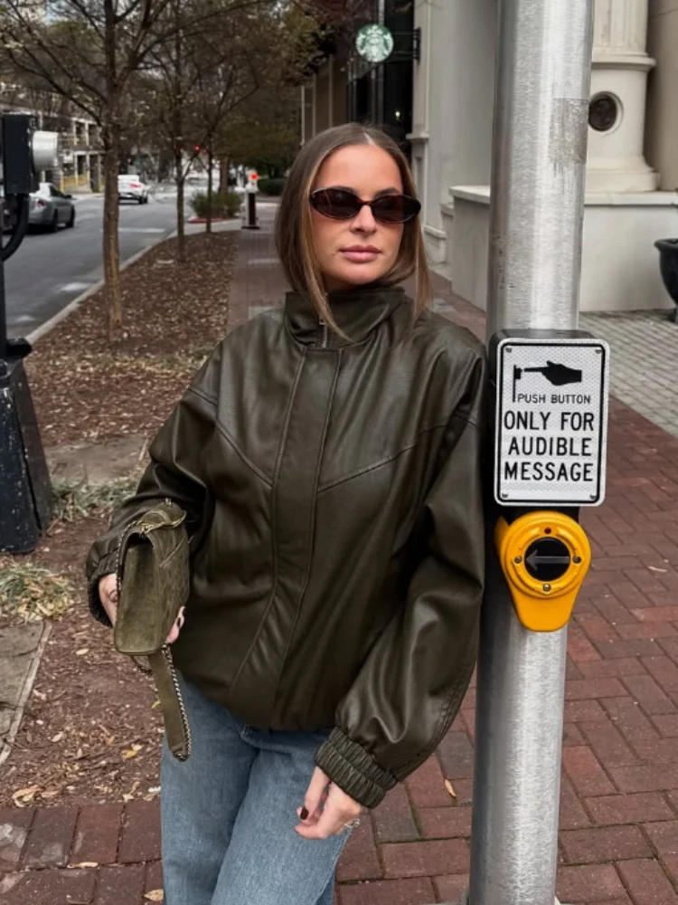 Giacca bomber da strada in ecopelle da donna colletto alla coreana cerniera tasca a maniche lunghe cappotto solido femminile tagliente casual capispalla da donna 2026