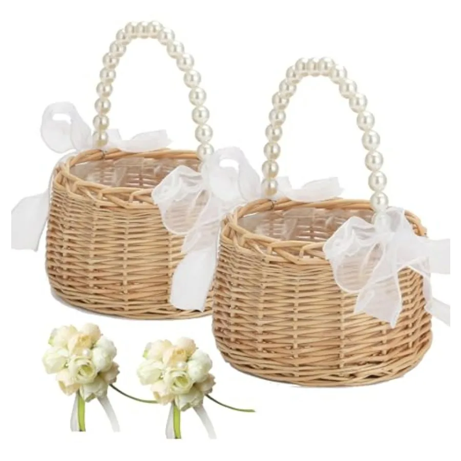 

2PCS Wicker Rattan Flower Girl Basket with 2PCS Wedding Wrist Corsage, Handwoven Wicker Basket with Pearl Handle Bow Fairy Flow