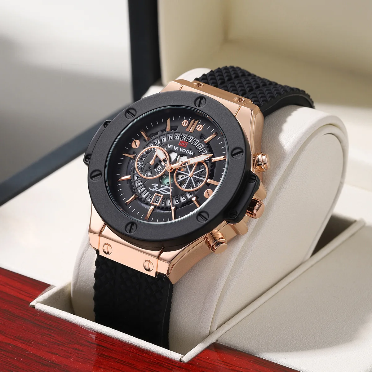 Black Silicone Mens Hand 46mm Hollowed Out Large Dial Rose Gold Fashionable Military Style Original Quartz Movement Sports Watch