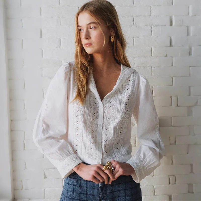 

French Style Loose Fit Long Sleeve Lace Hollow out Embroidery Shirt Women's Spring 2026 Navy Blue Collar Shirt