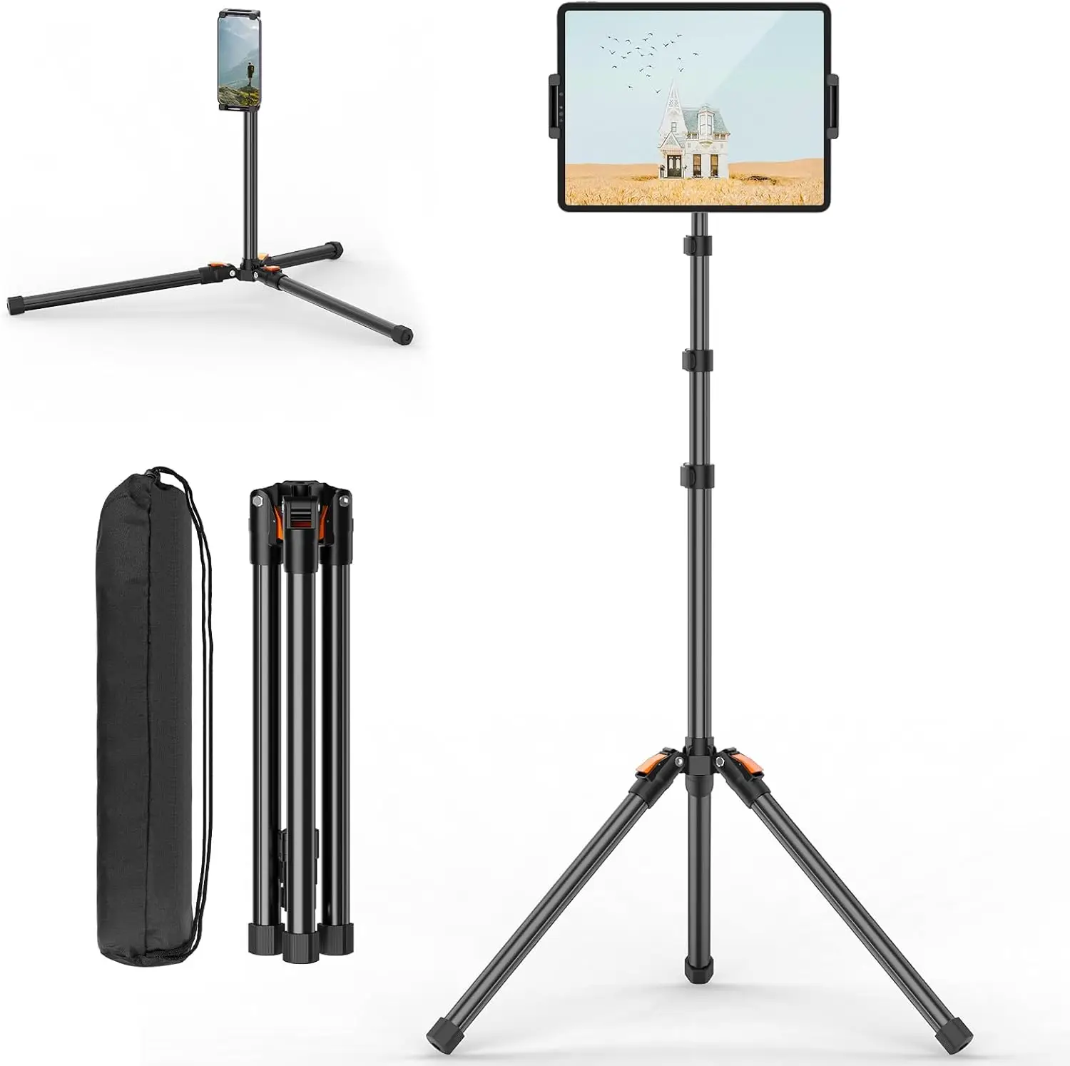 72in Tablet Floor Stand Tripod,Tablet Stand Floor with 360° Ball Head,Height Adjustable Floor Stand Holder with Case,Tall Tripod