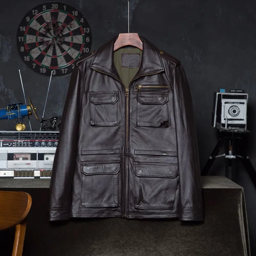 Brown Black Real Cowhide M65 Hunting Leather Jacket Men Genuine