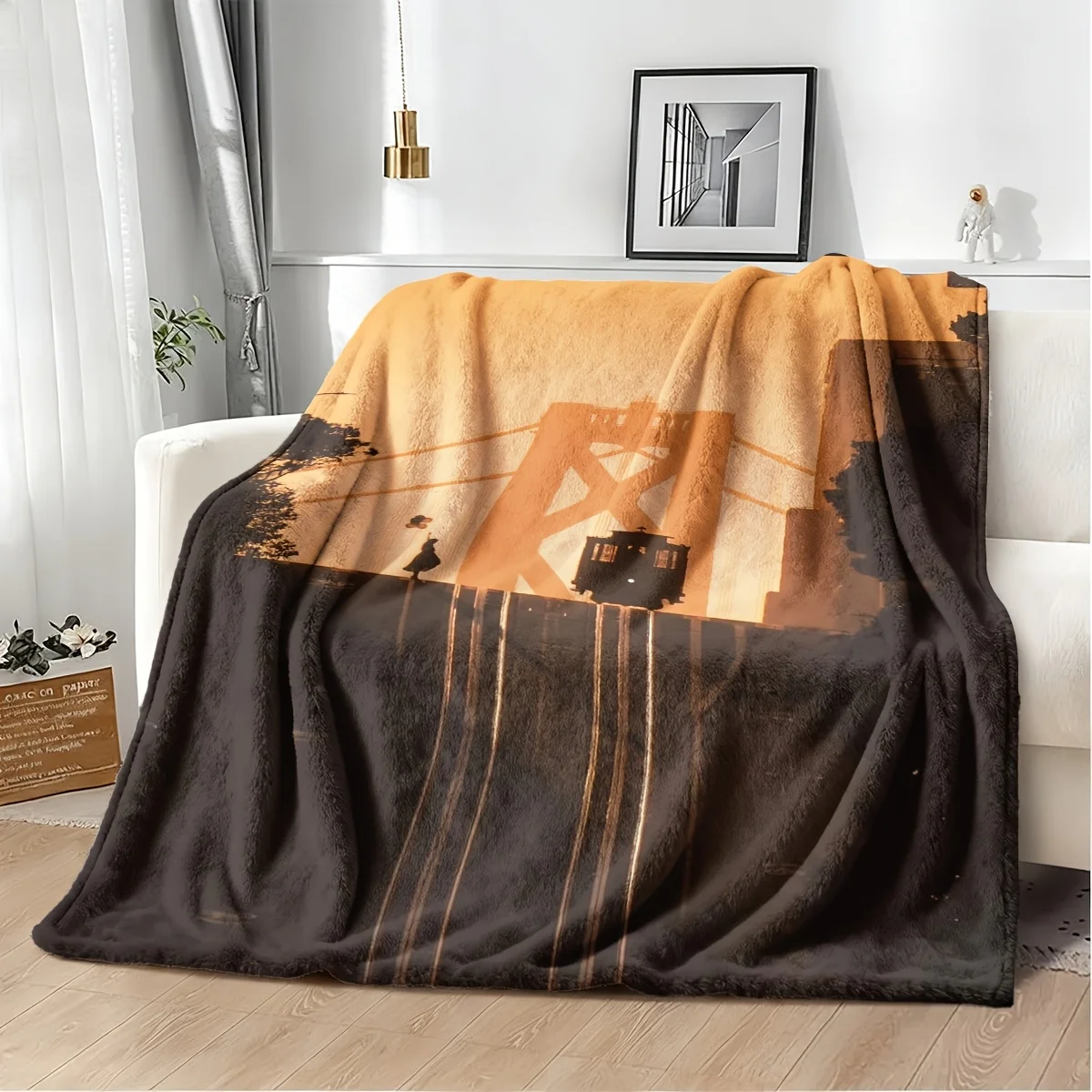 Industrial Cityscape Throw Blanket Large Vintage Train Print Fleece Bed Decor 150x230cm Unique Railway Art