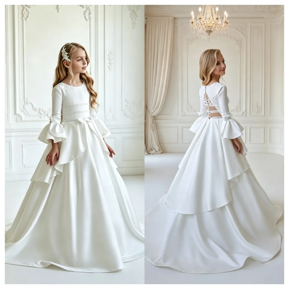 Elegant Lace Appliqué Communion Gown Long Bell Sleeve Multi-Layer Ruffle Pleated Trailing Flower Girl Gown Girls Formal Princess