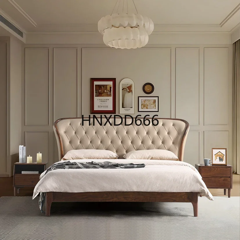 Walnut leather bed large flat master bedroom double stacked solid wood bed