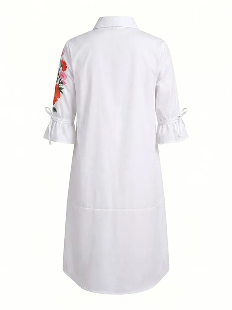 UOOZEE Women's Elegant Colorful Flower Printed Lapel Shirts Dress 2026 New Flared Sleeves Pockets Casual Vacation Midi Dresses image 6