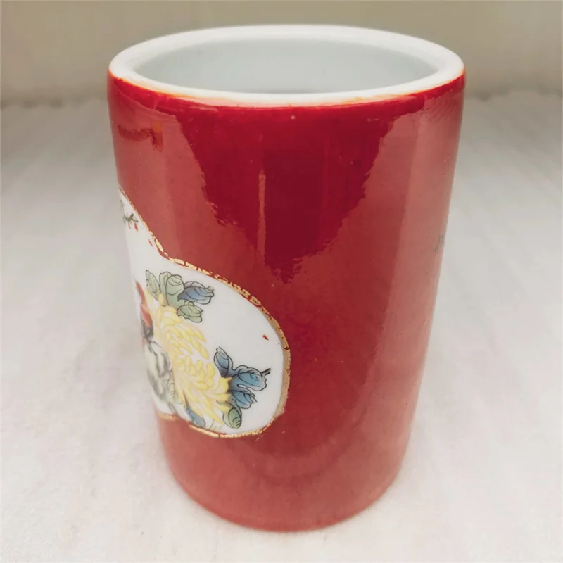 Chinese Old Porcelain Pen Holder Vase Red Enamel Flower And Bird Pattern Collectible Decorative Item