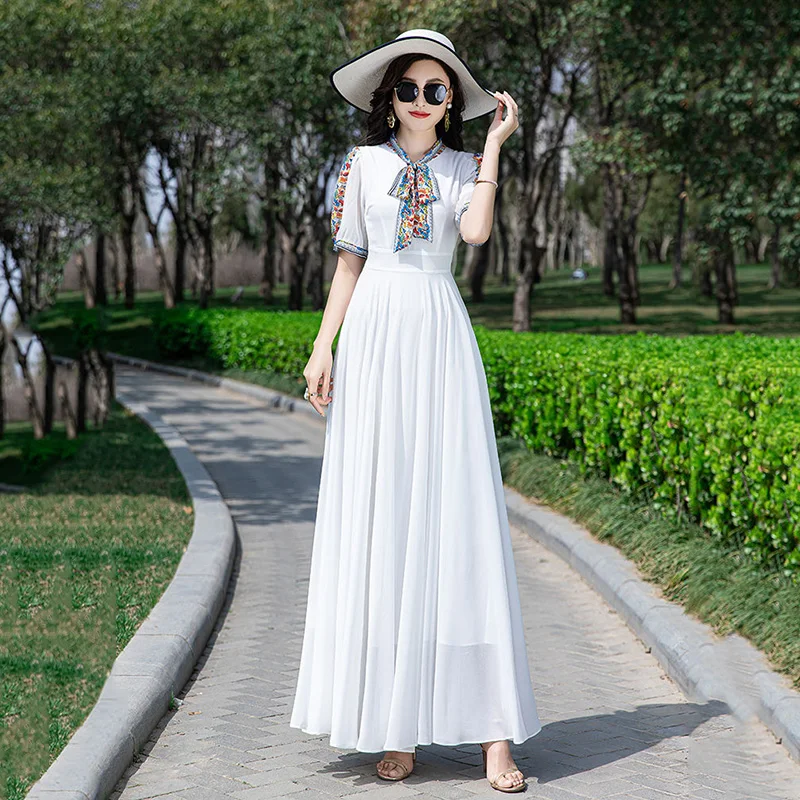

Chiffon Dress Women's 2023 Summer New Big Swing Elegant Fairy Long Dress Slim and Elegant Beach Dress