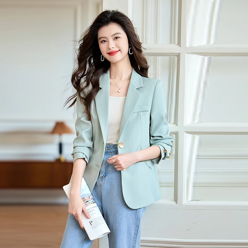 Navu luz verde casual feminino blazer primavera novo estilo solto versátil estudante jaqueta escritório senhoras único breasted casaco topos