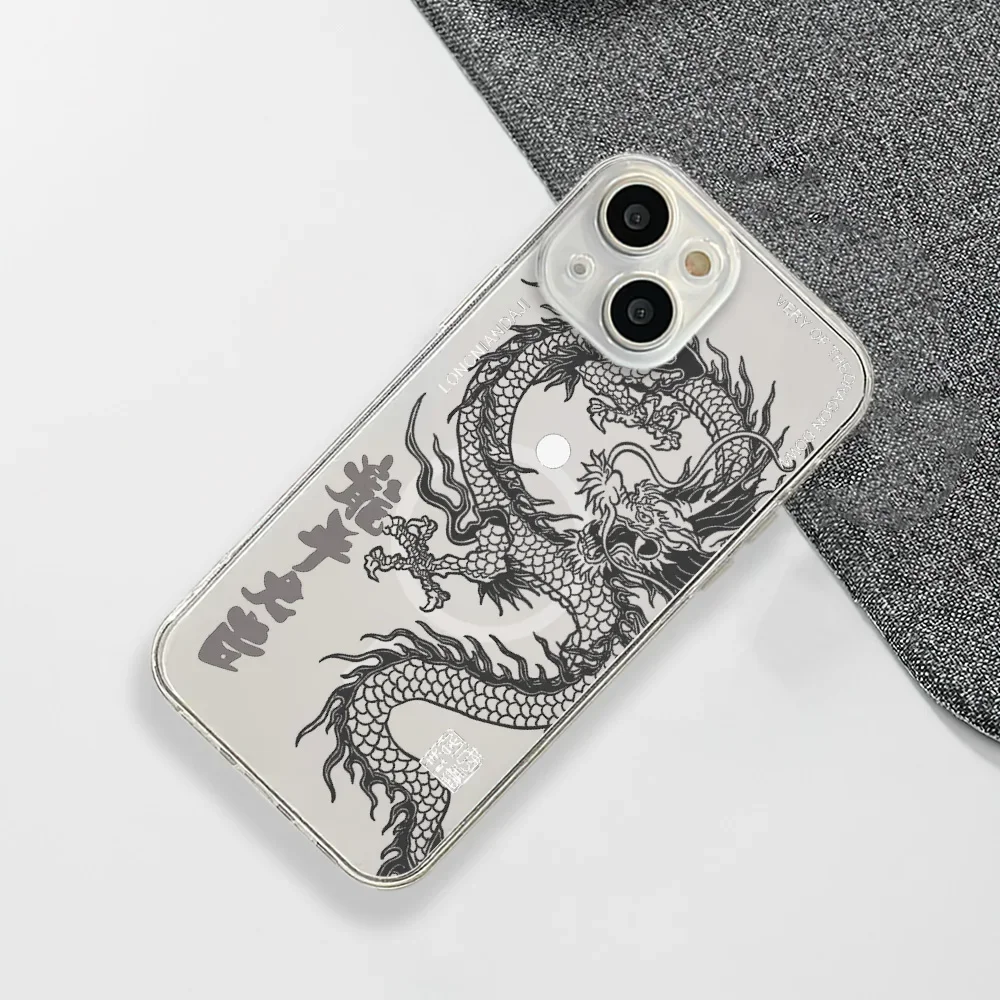 Ins national tide Chinese wind dragon Phone Case For IPhone 15 14 13 12 11 Transparent Magnetic Suction Cover