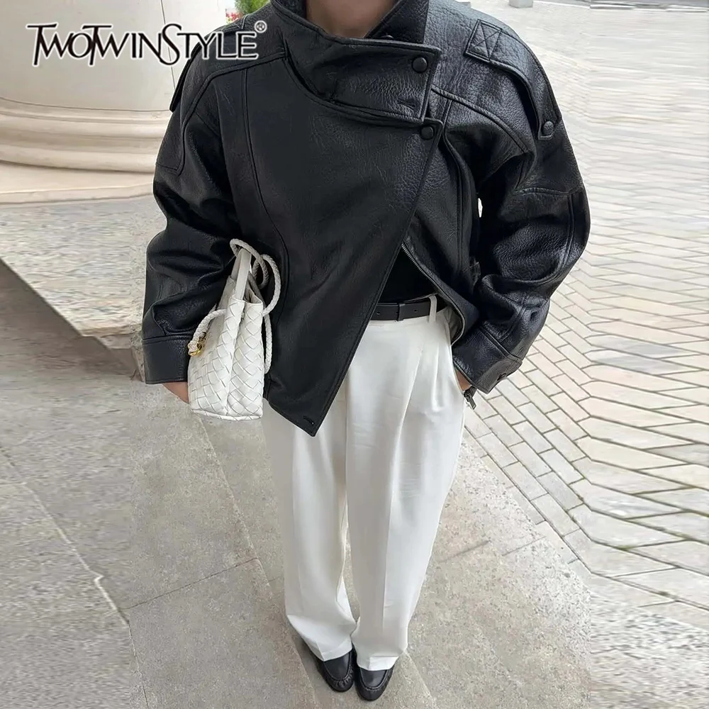 

TWOTWINSTYLE Black Spliced Button Streetwear Jacket for Women Stand Collar Long Sleeve Patchwork Folds Jackets Female Fashion