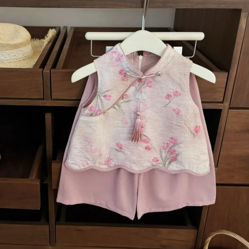 Baby Girl's Clothing  Sets Children New Chinese Style Pink Jacquard Cheongsam Vest+ Straight Leg Pants Grils Elegant Set