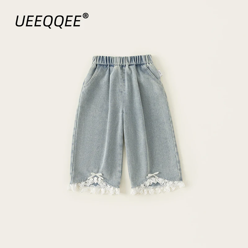 

Spring Autumn Children Jeans 1-10Y Girls Patchwork Lace Bow Straight Denim Pants Trousers Korean Toddler Wear For Kids Clothing