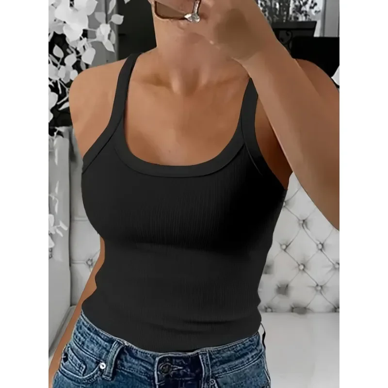 Plus Size Women Solid ColorO Neck Summer Knit Vest Sleeveless Sexy T Shirt White Off Shoulder Ribbed Black Tank Tops Casual ﻿ image 2