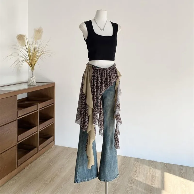Spring and Autumn American Street Style Lace Splicing Irregular Leopard Pattern Butt Curtain for Women Fashionable and Versatile
