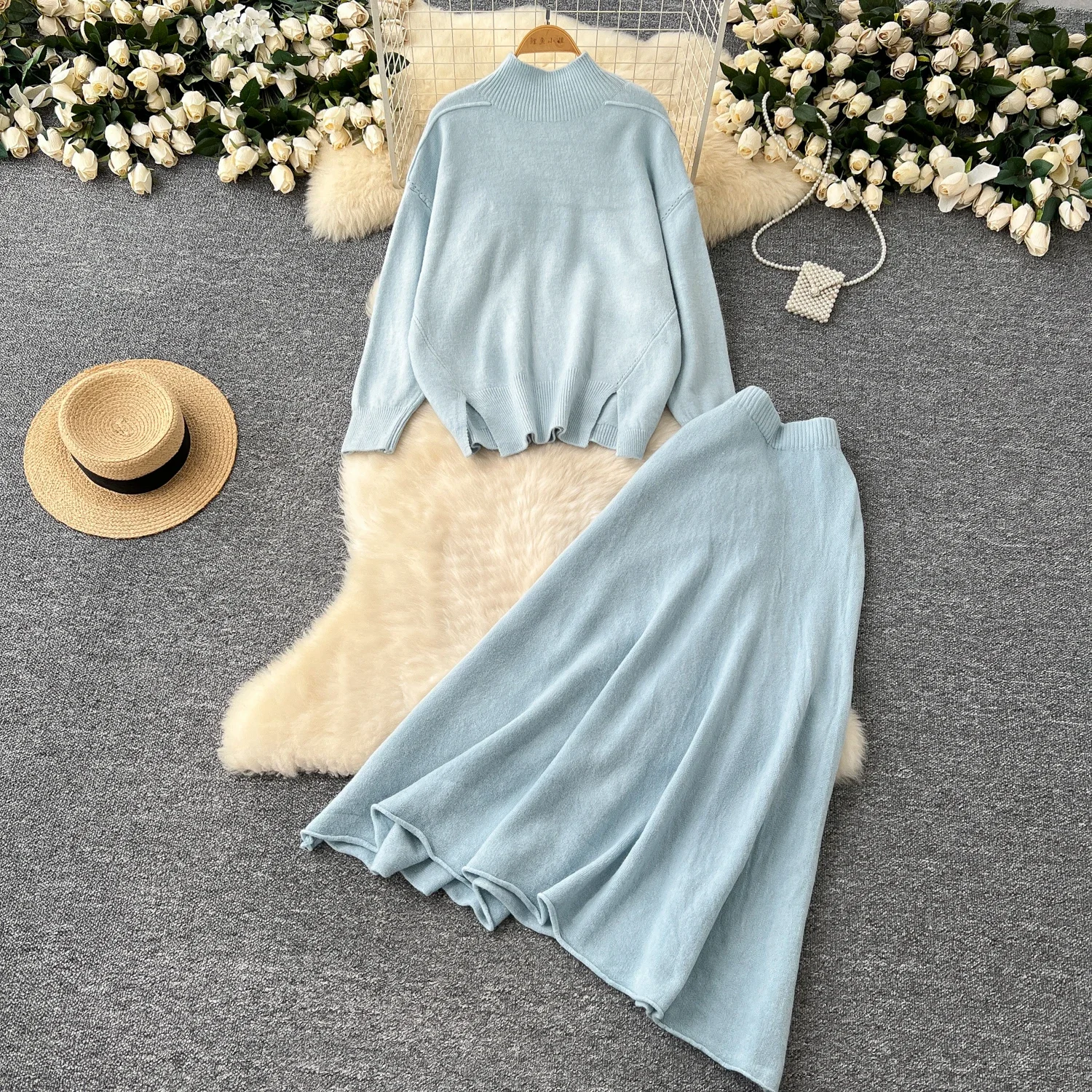 Chic Women Two-Piece Sets Knit Long Sleeve Half High Collar Loose Top and High Waist Skirt Korean High Street Casual Clothing