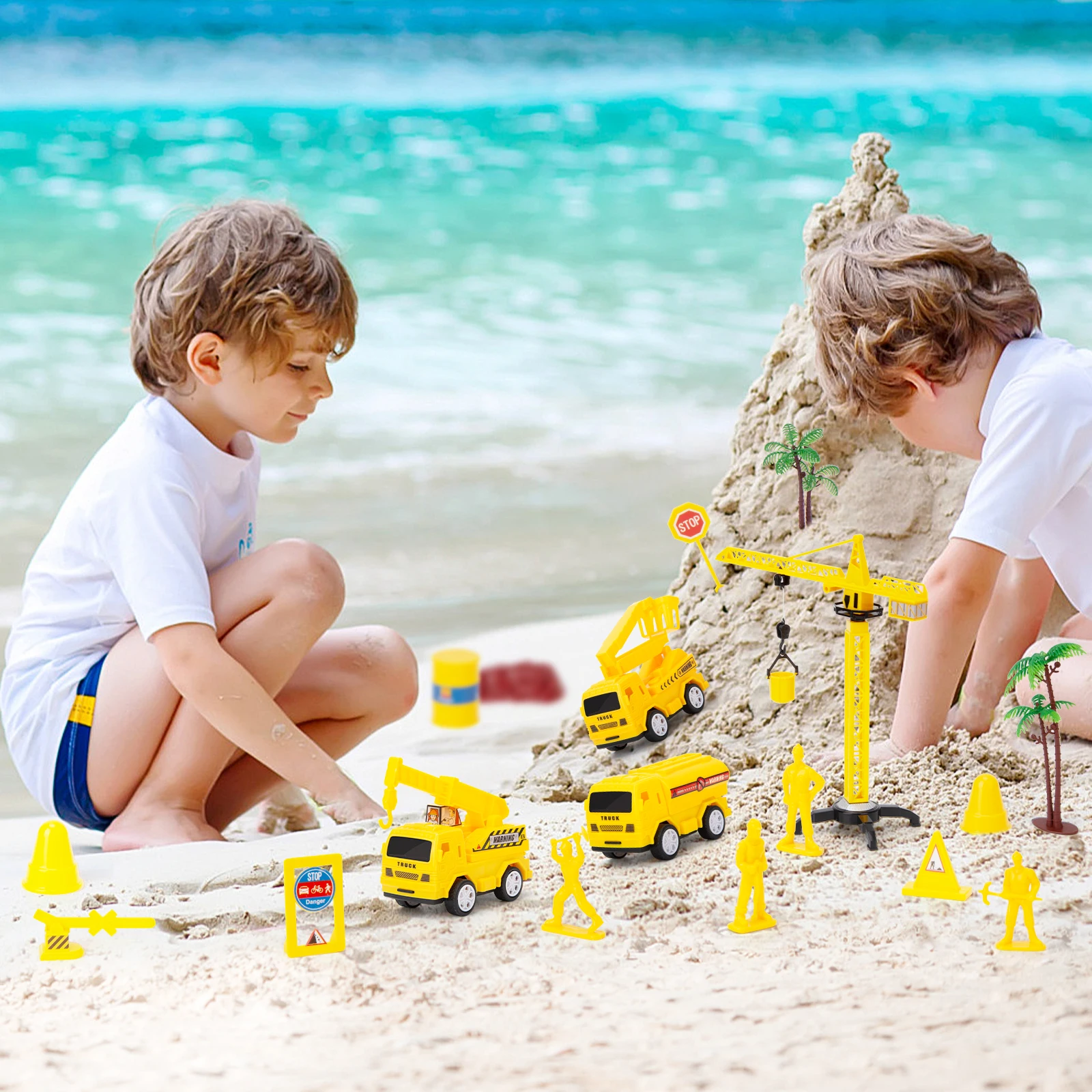 Set di giocattoli per veicoli da costruzione, giocattoli per ragazzi, include veicoli da costruzione pull-back, gru a torre e altri accessori e mappe di scena, interazione familiare/regali per le vacanze/Natale