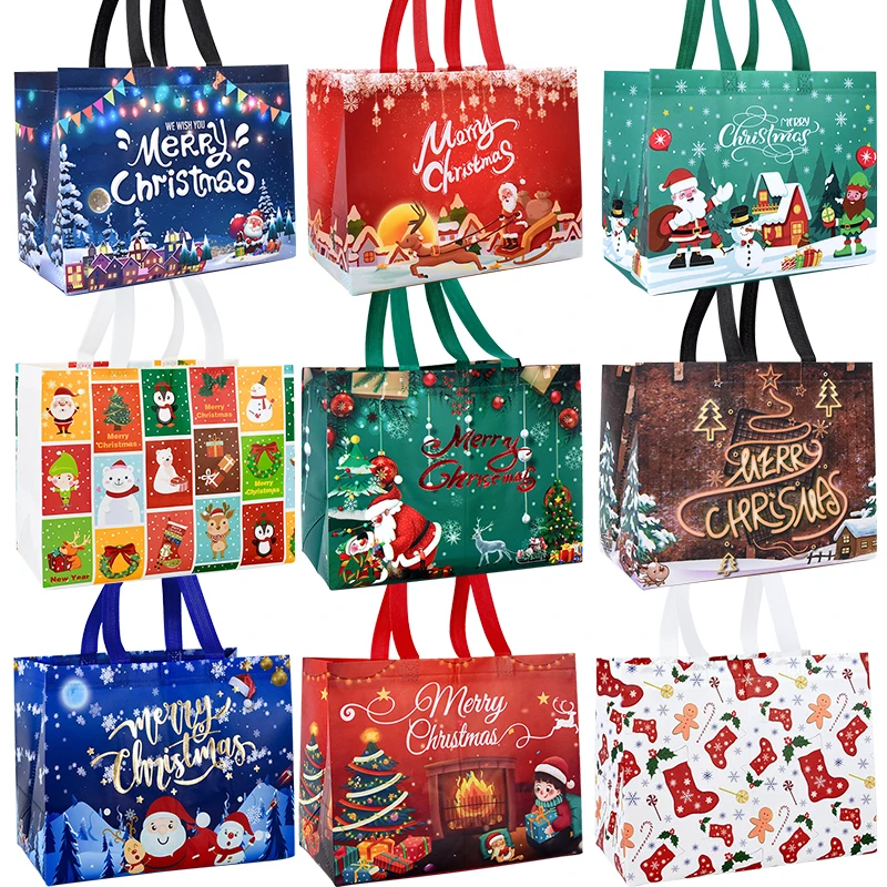 

Merry Christmas Tote Bags With Handle Santa Claus Snowman Candy Gift Packaging Bag Xmas Party Decor Navidad Noel 2024 New Year