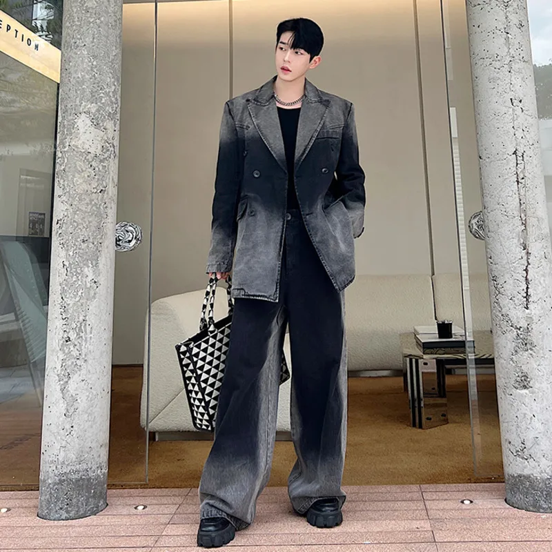 WVGA Spring Autumn New Men Tide Niche Design Gradient Washed Denim Blazer Chic Casual Wide-Leg Suit Pants Two Pieces Sets W17006